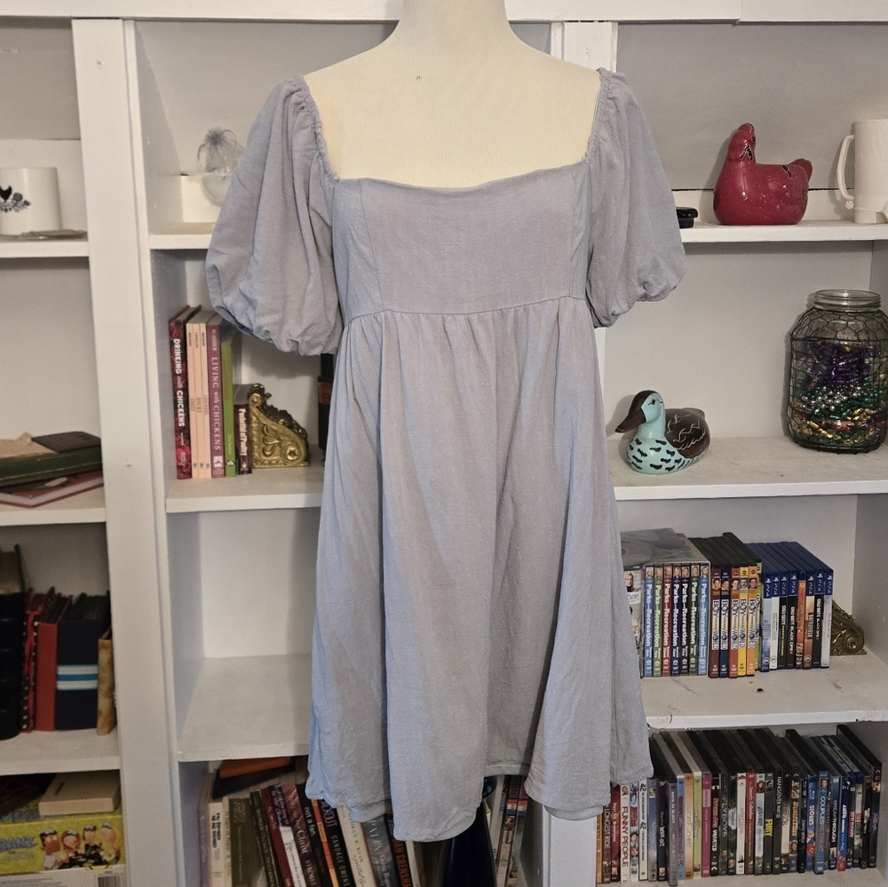 Alter’d State August Dress Sz Large Babydoll Linen Blend Blue Green Puffy Sleeve